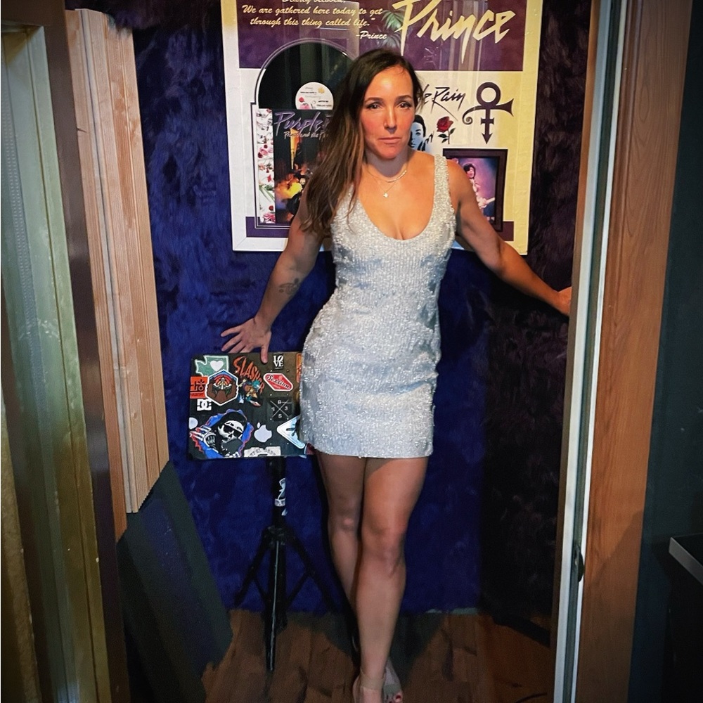 Silver beaded Herve Leger bandage mini dress